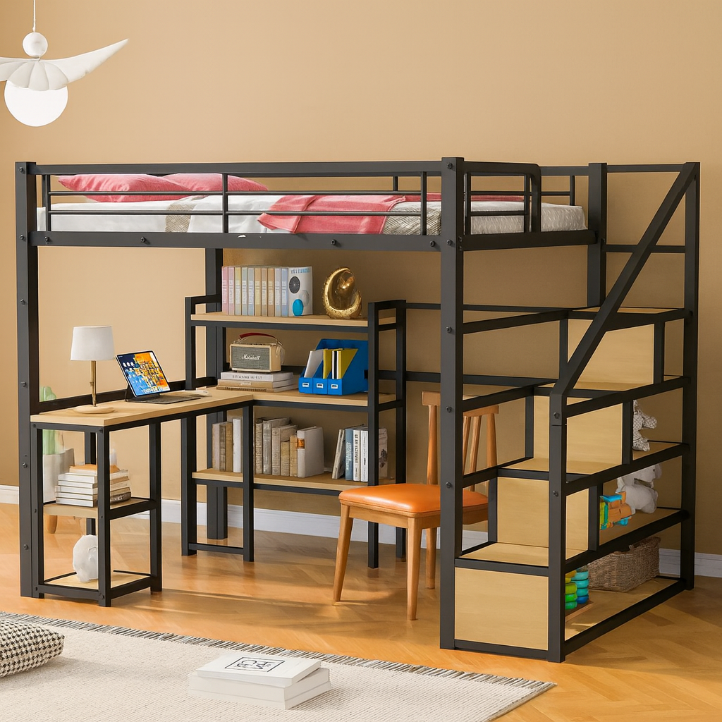 Versatile Twin Metal Loft Bed with Desk & Dual Ladder Access